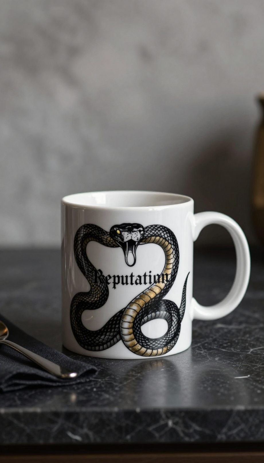 Hand-painted Reputation album mug featuring bold black snake design with gold accents on dark marble surface