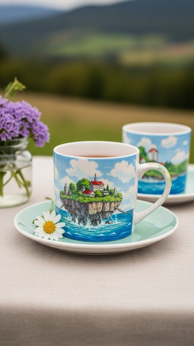 Hand-painted Studio Ghibli landscape mug featuring Laputa floating island with watercolor effect