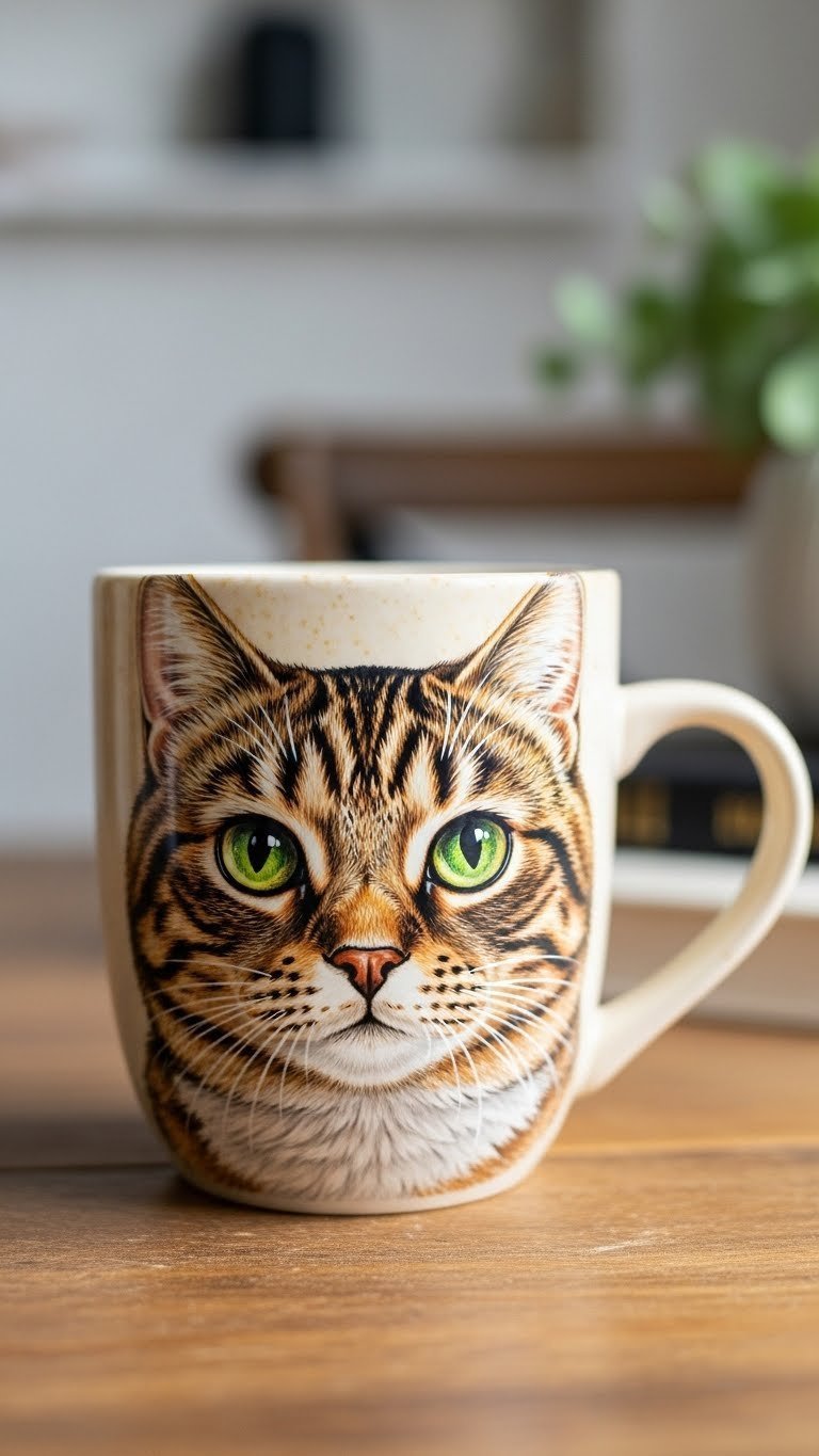 Hand-painted ceramic coffee mug featuring realistic cat portrait with detailed fur texture and expressive eyes