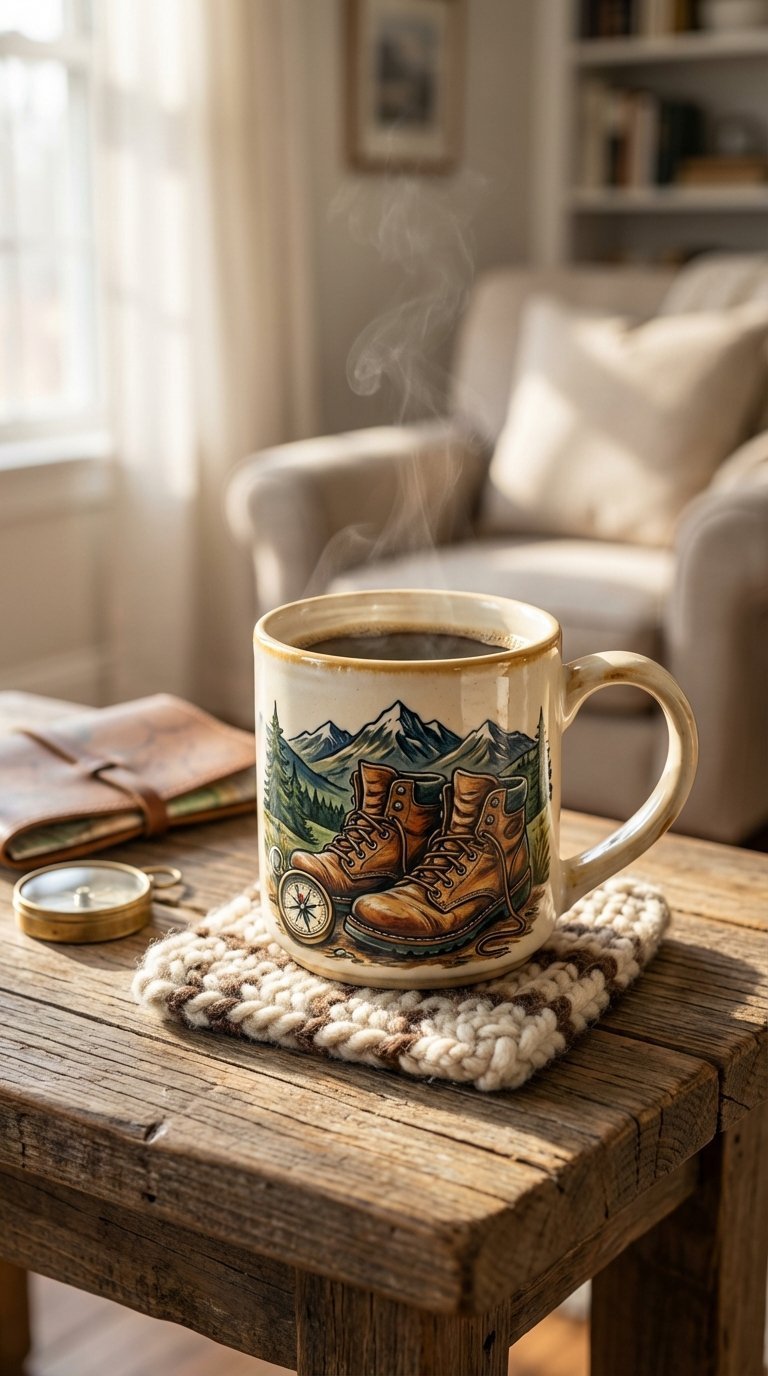 Hand-painted ceramic coffee mug with vibrant hobby illustration on rustic wooden table in cozy natural light setting