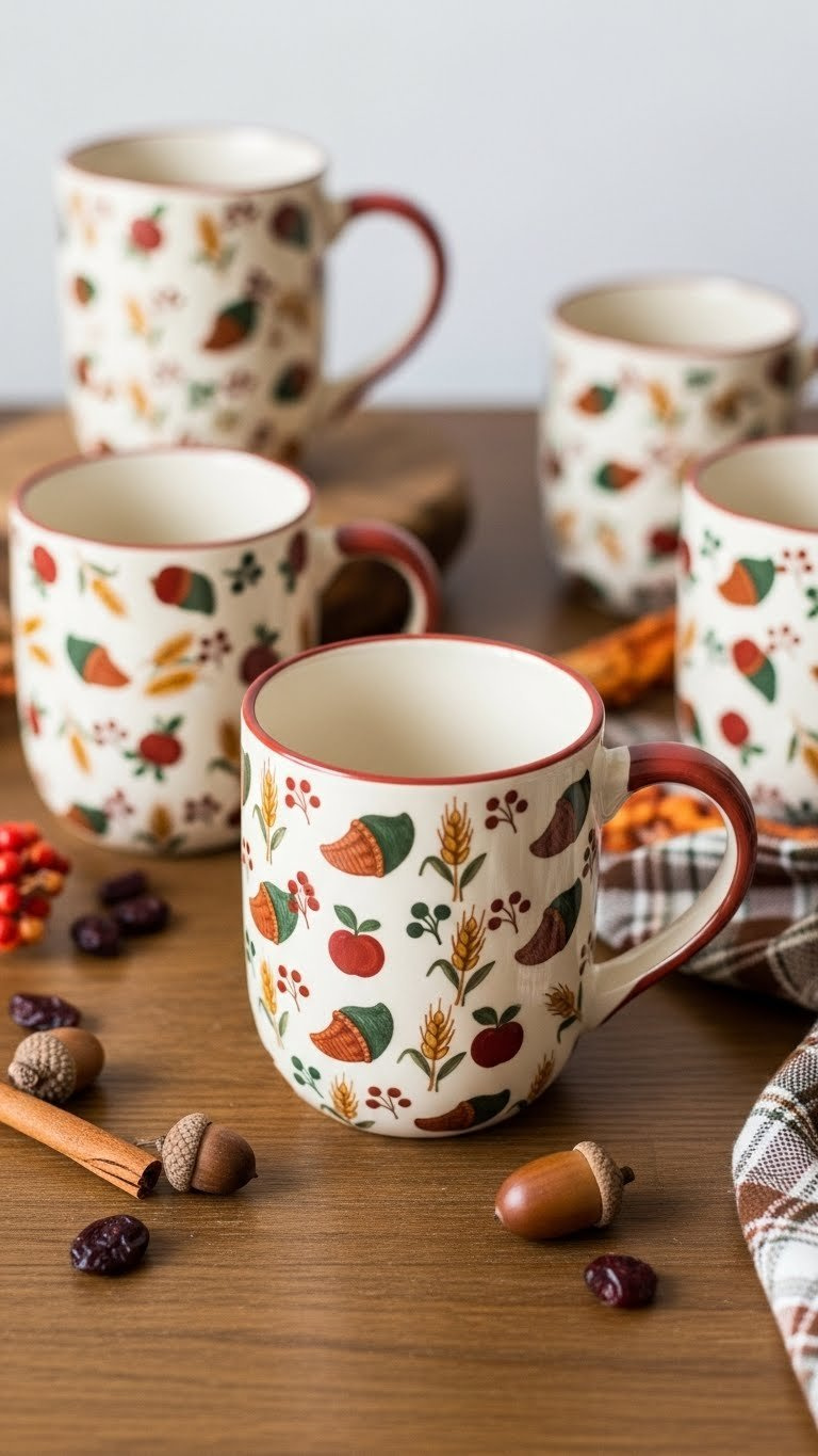 Hand-painted ceramic mug adorned with festive harvest patterns including cornucopias and wheat stalks on rustic table