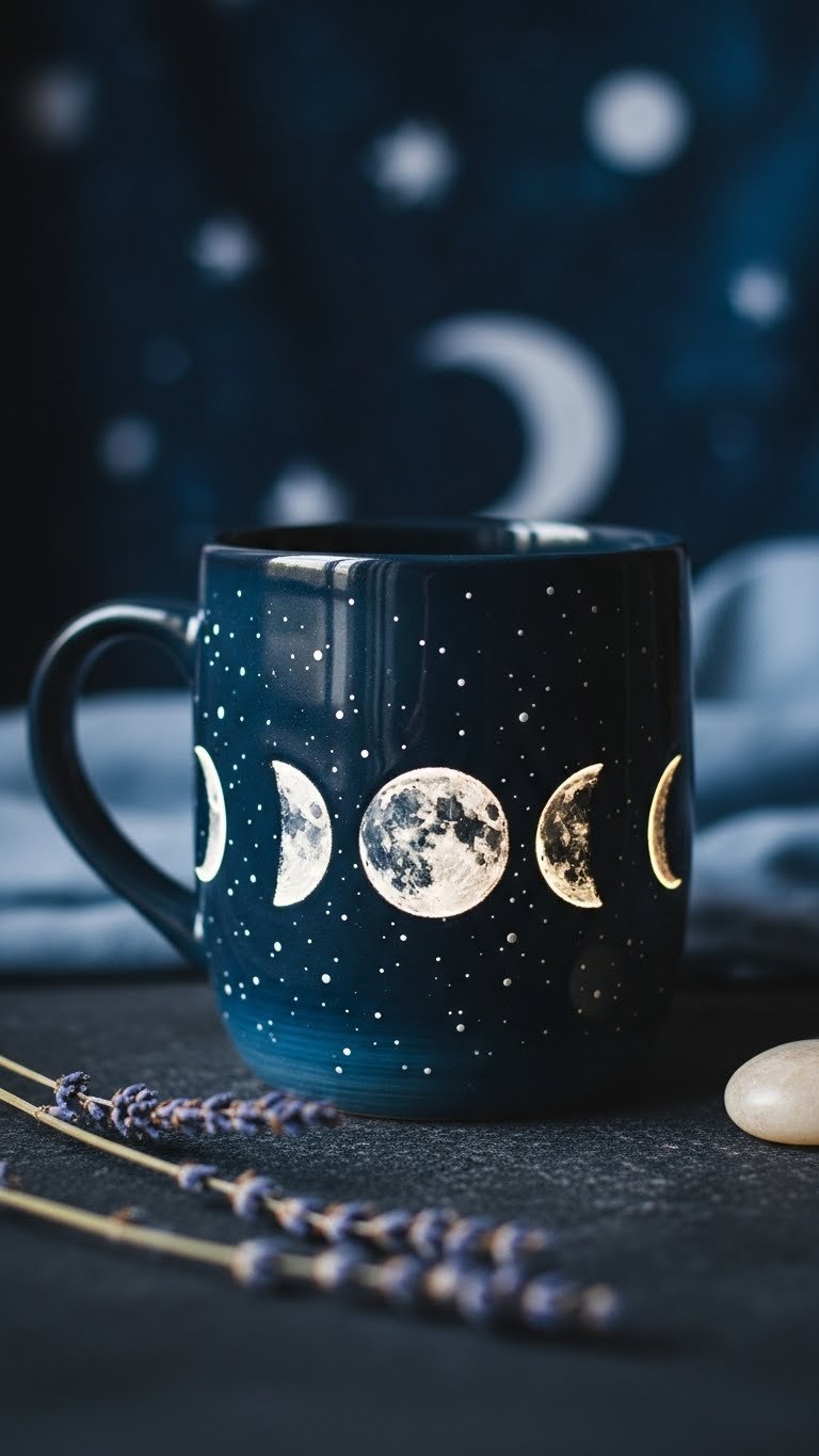 Hand-painted ceramic mug featuring luminous moon phases progression against dark textured surface with celestial textile background