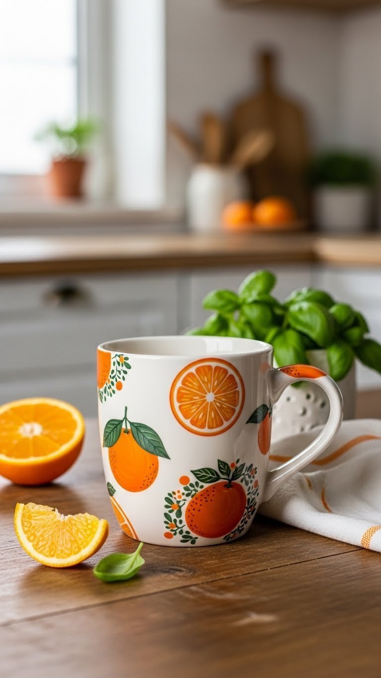 Hand-painted ceramic mug featuring orange citrus designs resting on rustic wooden table with natural lighting