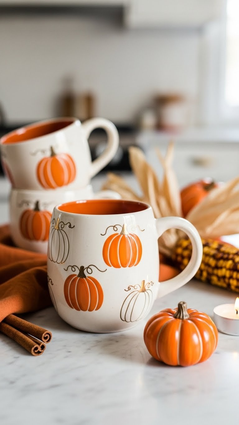 Hand-painted ceramic mug featuring rustic pumpkin designs with orange, white, and gold accents on marble countertop