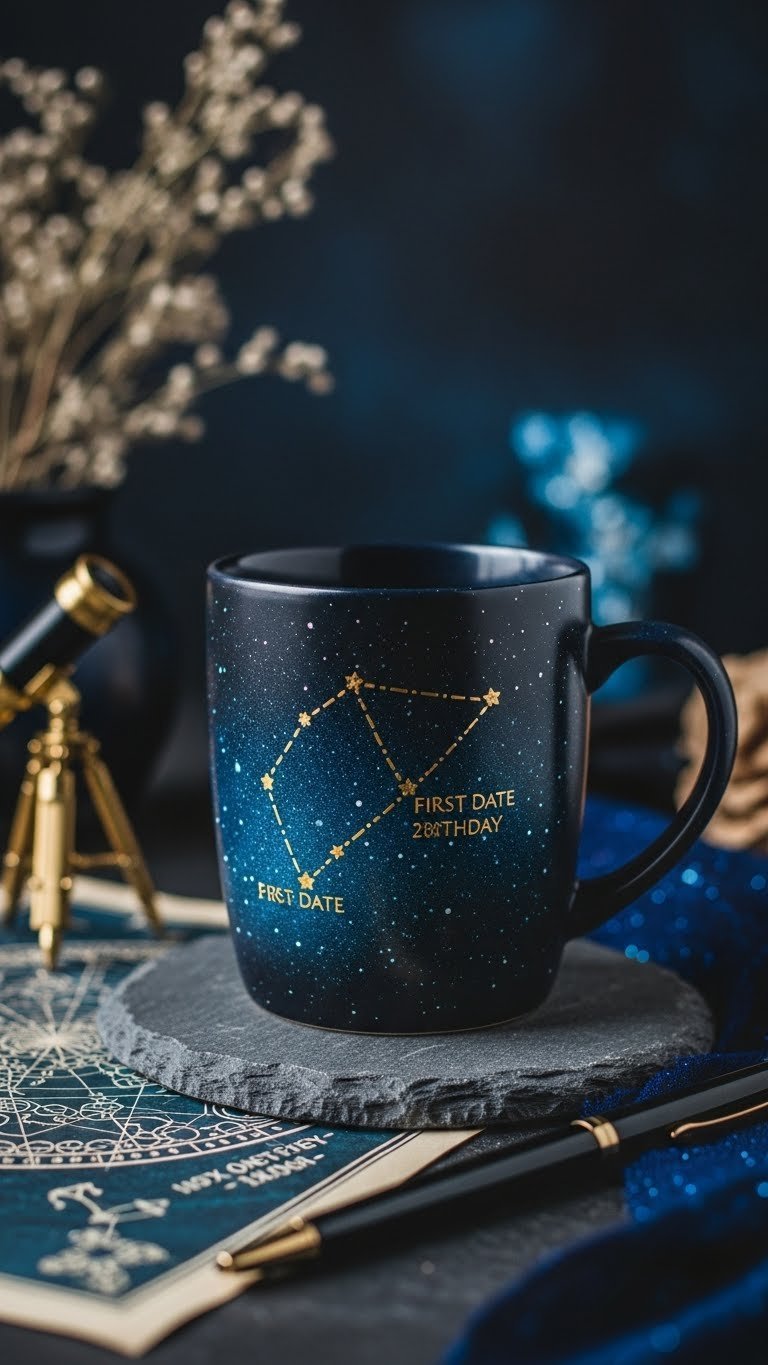 Hand-painted ceramic mug with celestial constellation map on dark stone surface in soft natural window light
