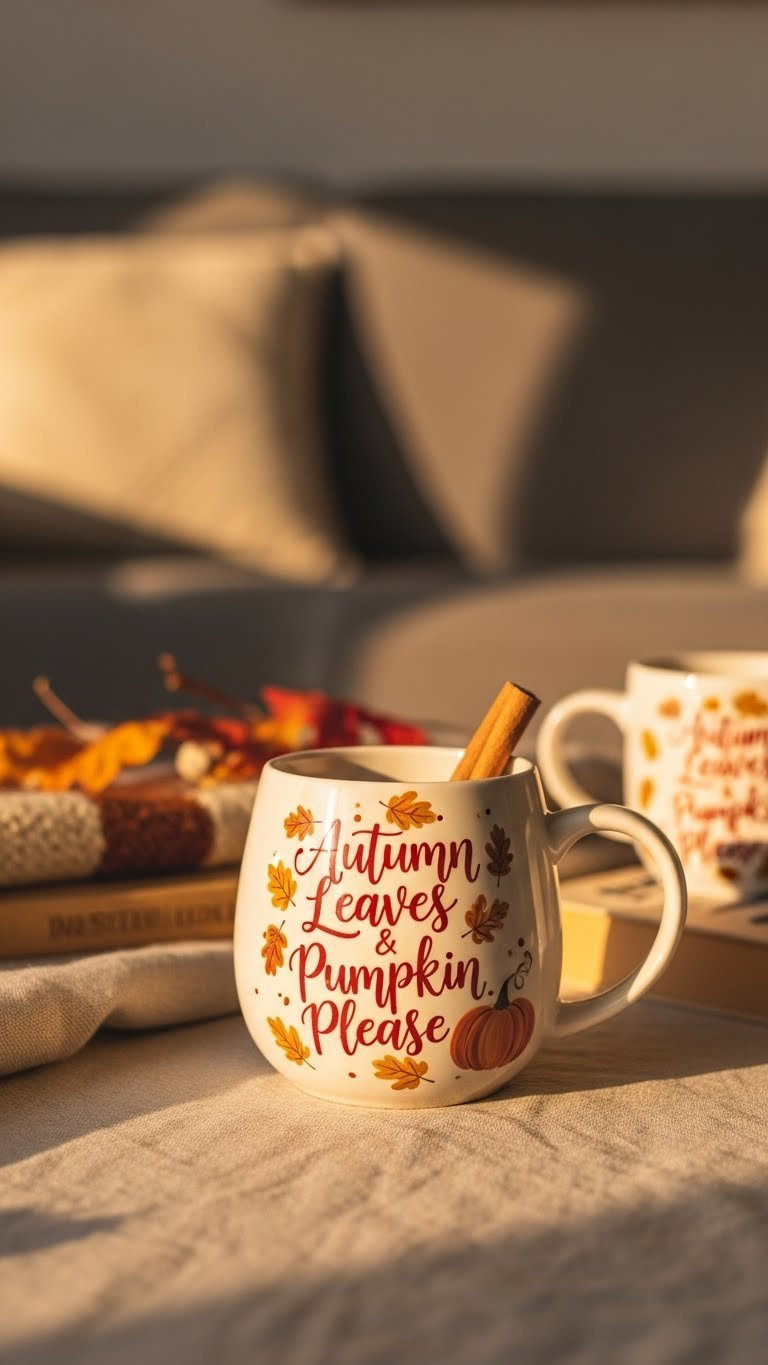 Hand-painted ceramic mug with fall-themed inspirational quote and subtle leaf accents in cozy autumn setting