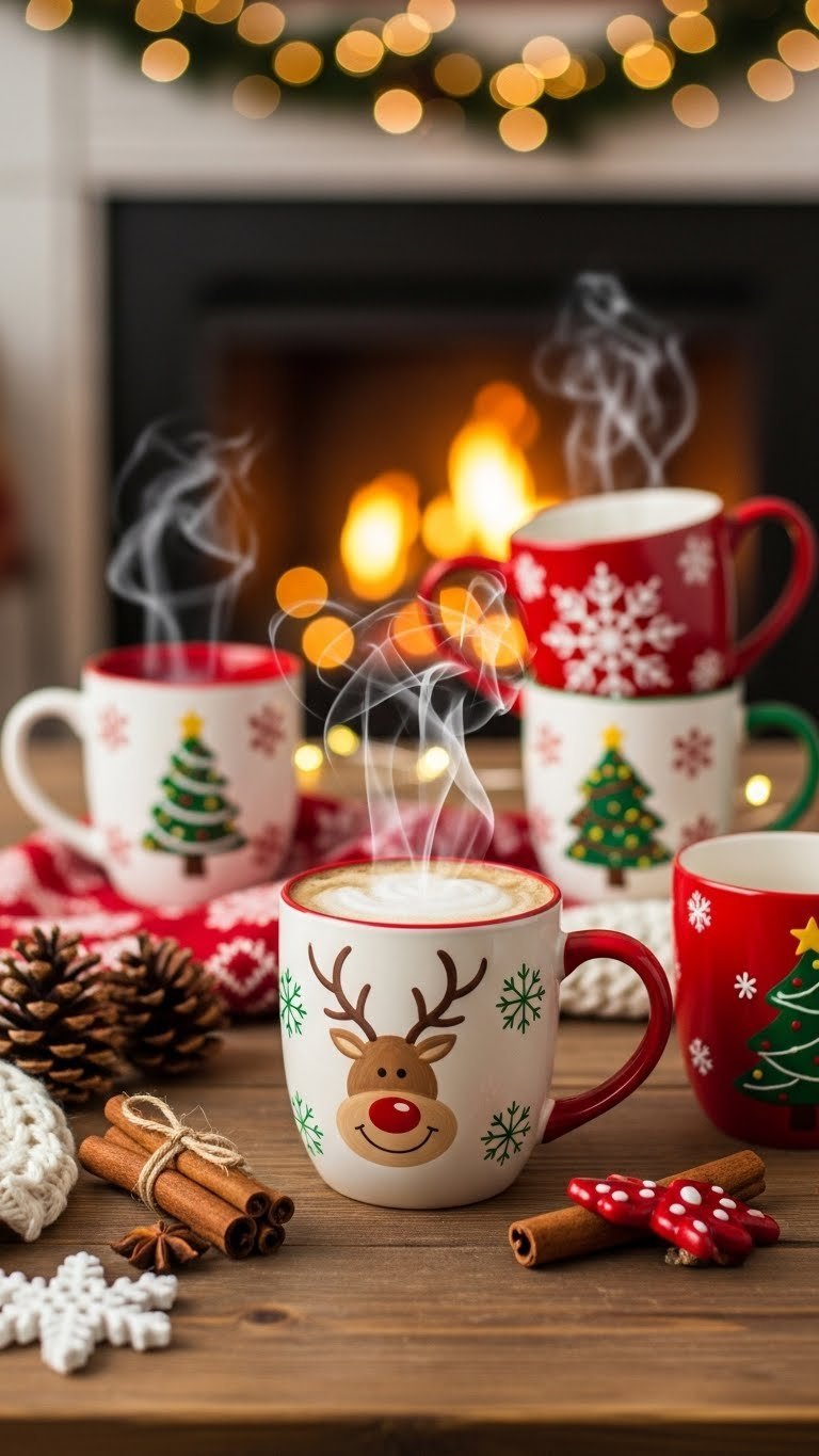 Hand painted coffee mugs with festive holiday-themed designs arranged cozily on rustic wooden table with warm lighting.