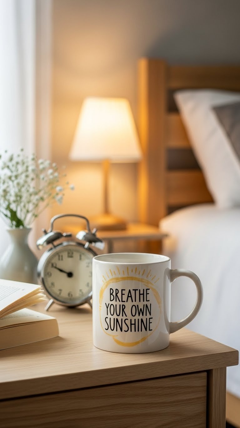Hand-painted inspirational quote ceramic mug on light wooden bedside table with book and floral sprig in cozy bedroom window lighting.
