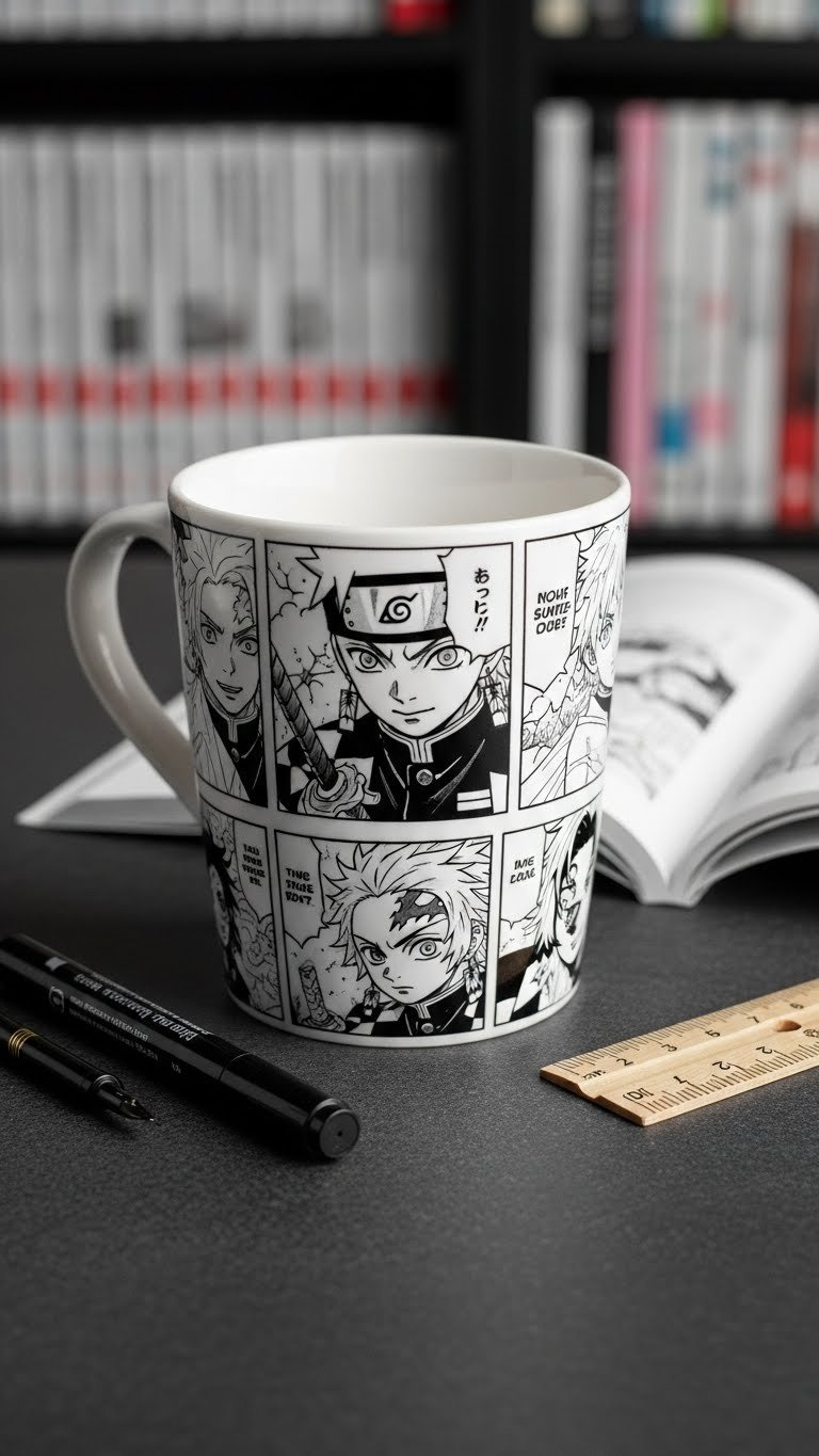 Hand-painted manga panel ceramic mug on dark stone surface with manga books in soft background.