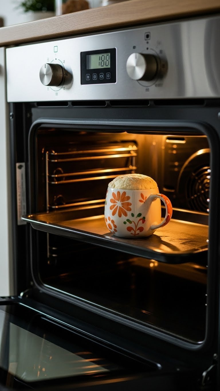 Hand-painted orange ceramic mug baking inside oven during curing process with warm golden lighting