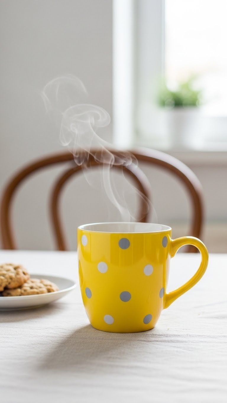 Hand-painted polka dot yellow mug on linen tablecloth with cookies and rising steam in cozy setting