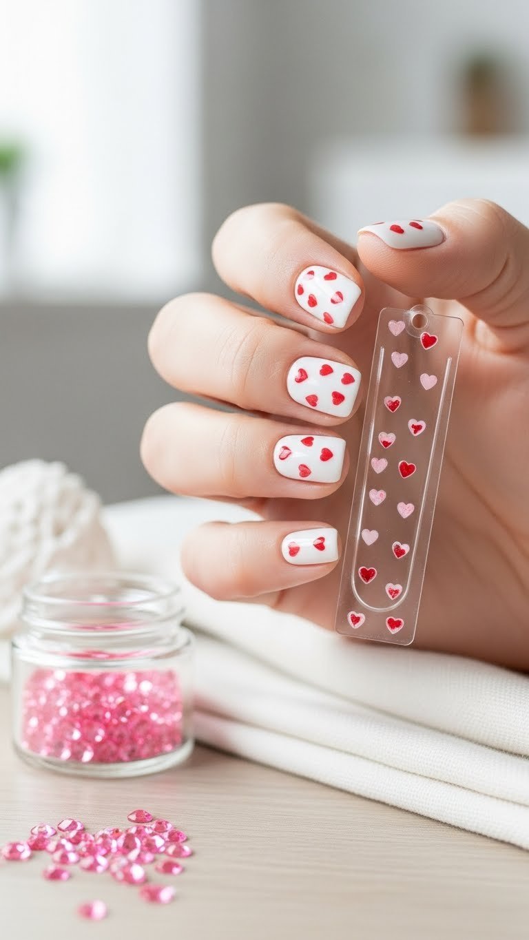 Hand with clear mini heart decals on glossy white nails against soft natural lighting