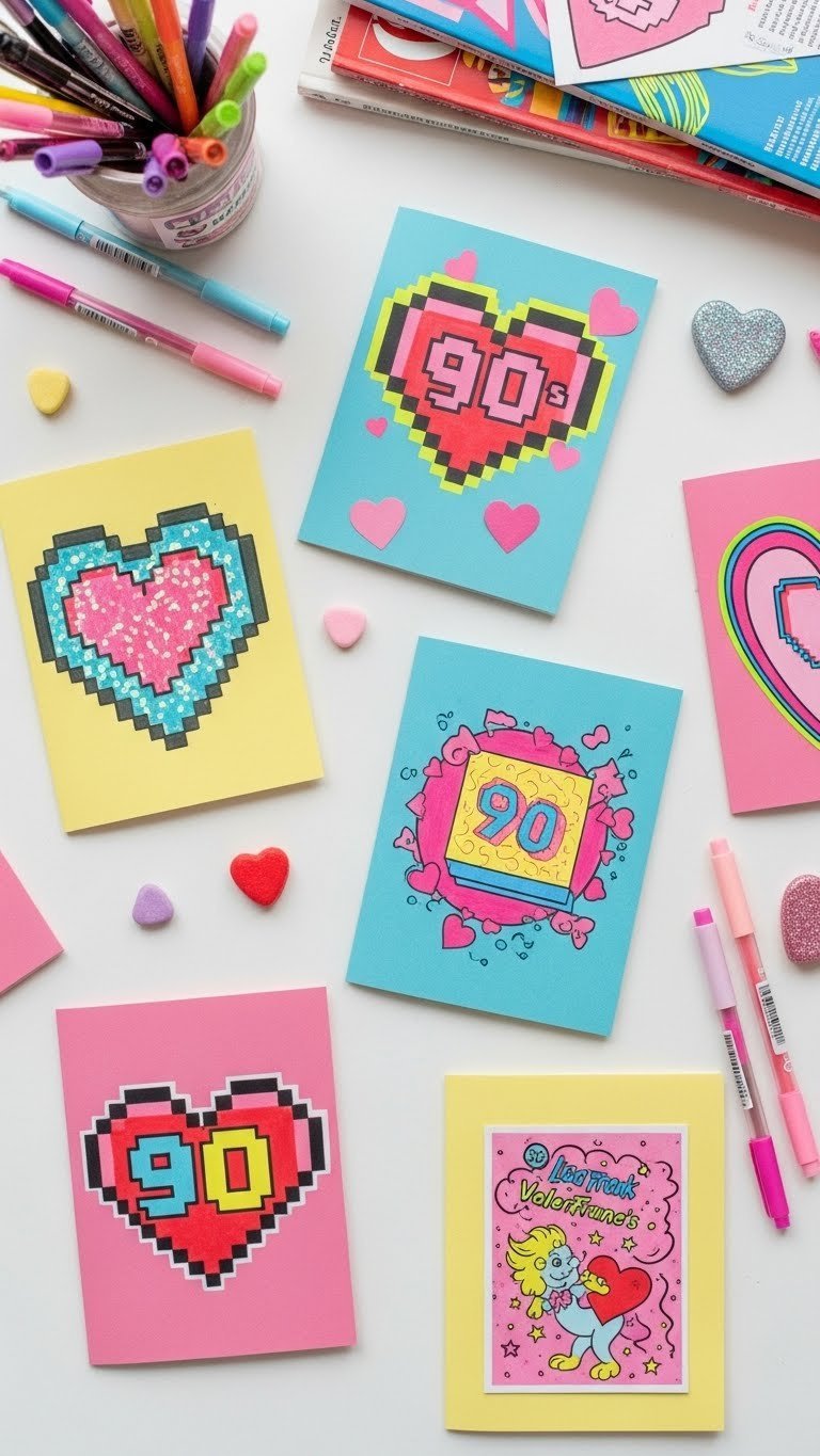 Handmade 90s Valentine's cards featuring pixelated hearts and neon colors arranged in creative flat lay composition