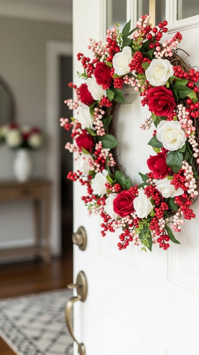 Handmade Valentine's wreath with red berries and white roses hanging on white front door with soft bokeh background