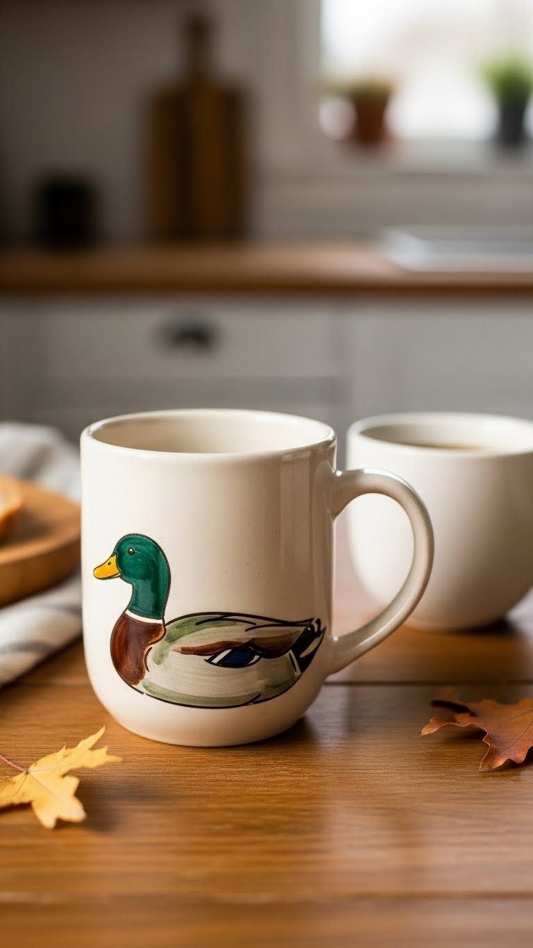 Handmade ceramic mug featuring a classic mallard duck silhouette with deep green and brown colors against a rustic wooden table