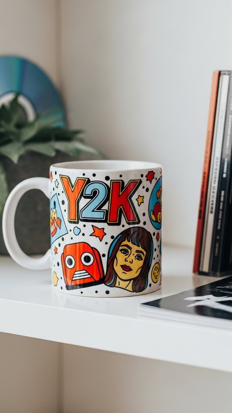 Handmade ceramic mug showcasing Y2K pop culture icons with bold red, yellow, and blue vibrant colors