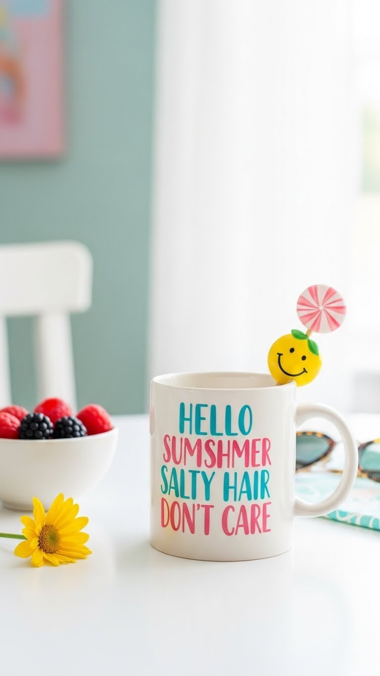 Handmade ceramic mug with cheerful summer quote design against minimalist white table setting