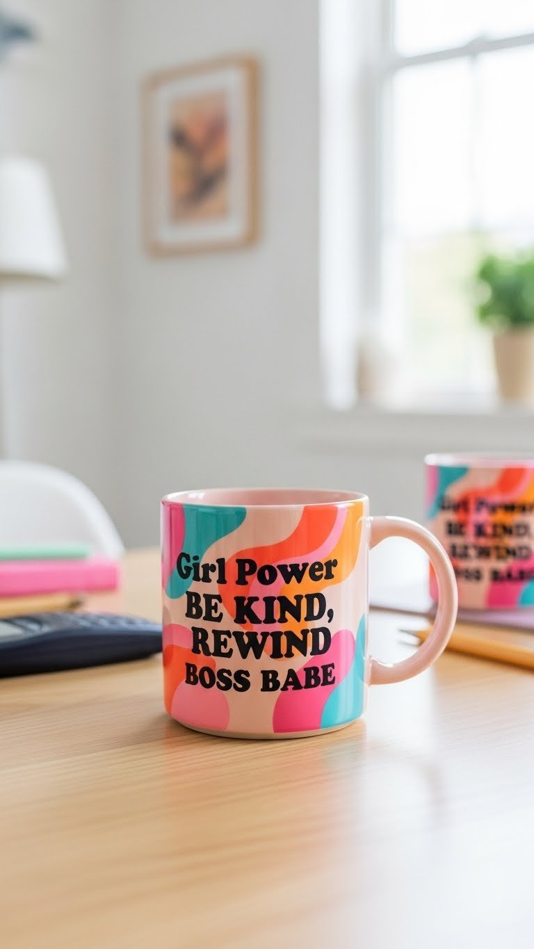 Handmade ceramic mug with large positive affirmation text in bright pink and orange Y2K empowerment style