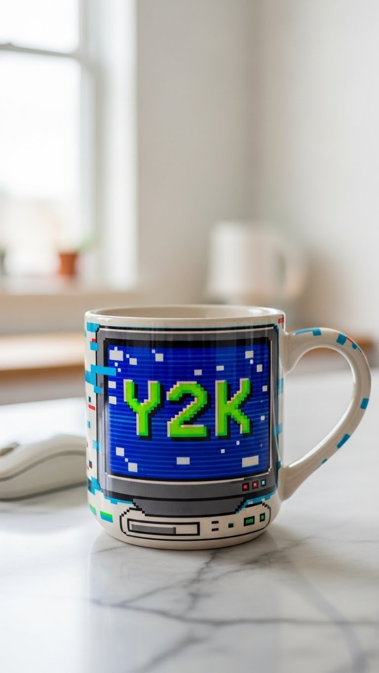 Handmade ceramic mug with pixelated glitch art graphics in vibrant electric blue and neon green colors on marble countertop