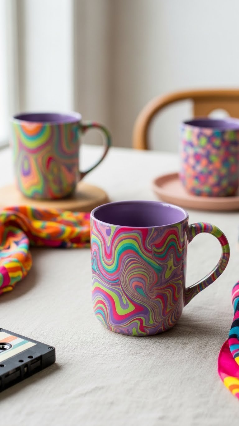 Handmade ceramic mug with psychedelic swirling patterns in vibrant purple, lime green, and hot pink Y2K style