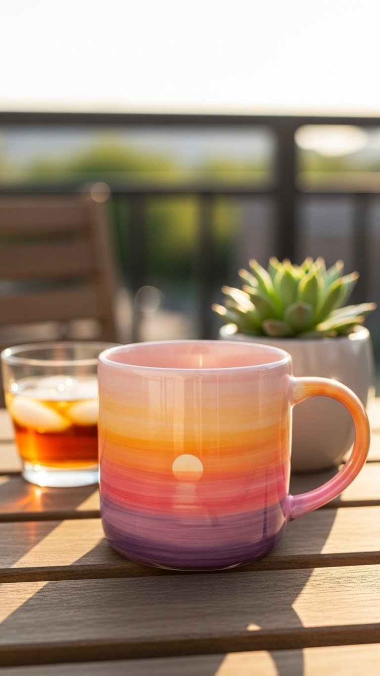 Handmade ceramic mug with vibrant watercolor sunset design featuring orange, pink, and purple gradients on rustic wooden table