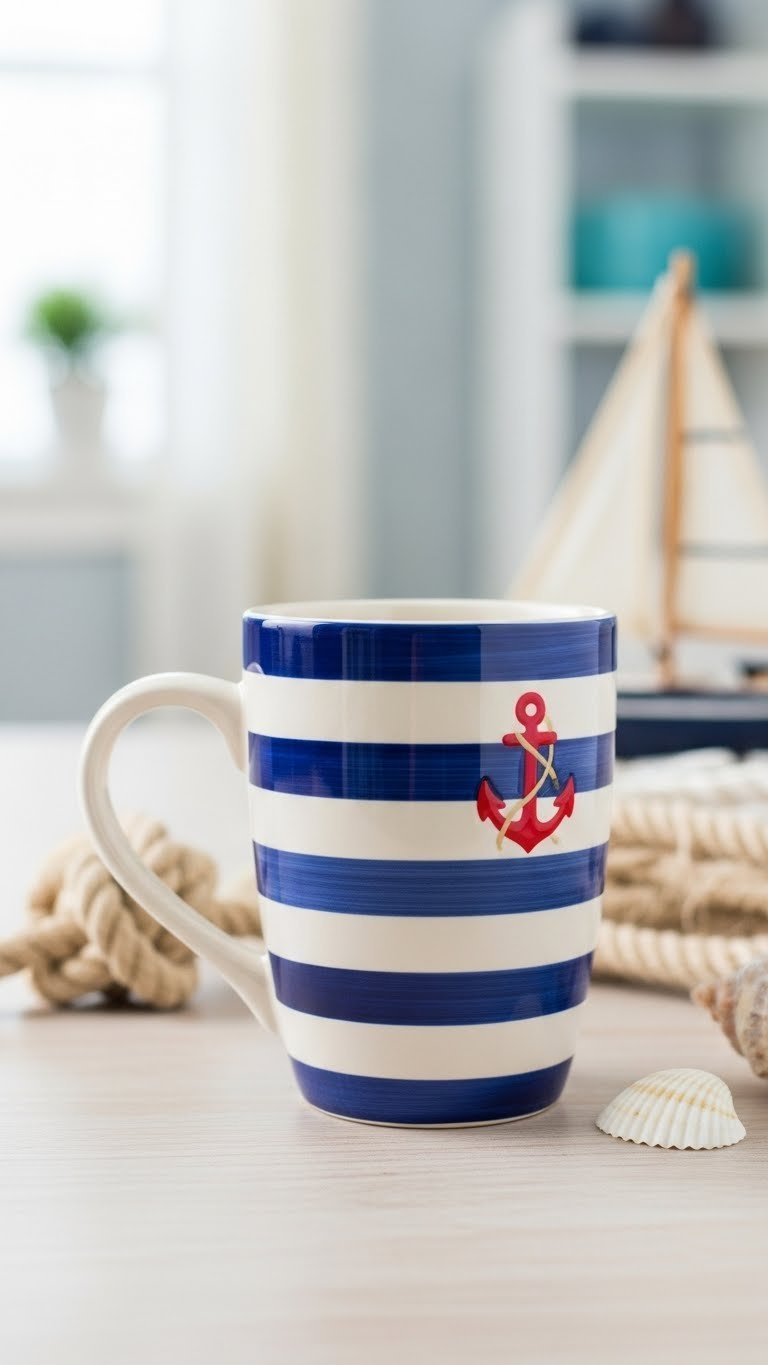 Handmade nautical mug with navy blue and white stripes featuring red anchor design on light wooden table