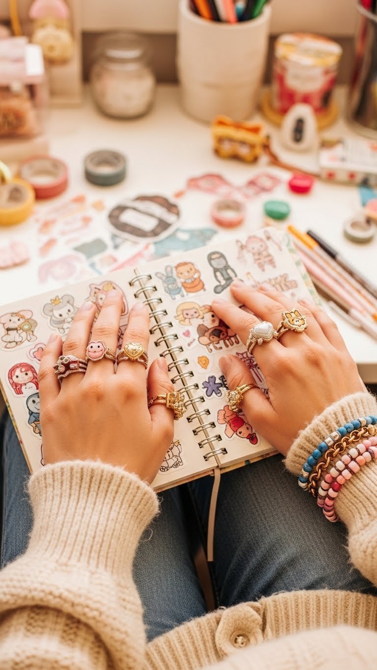 Hands adorned with cute rings and bracelets holding personalized journal with stickers on craft desk