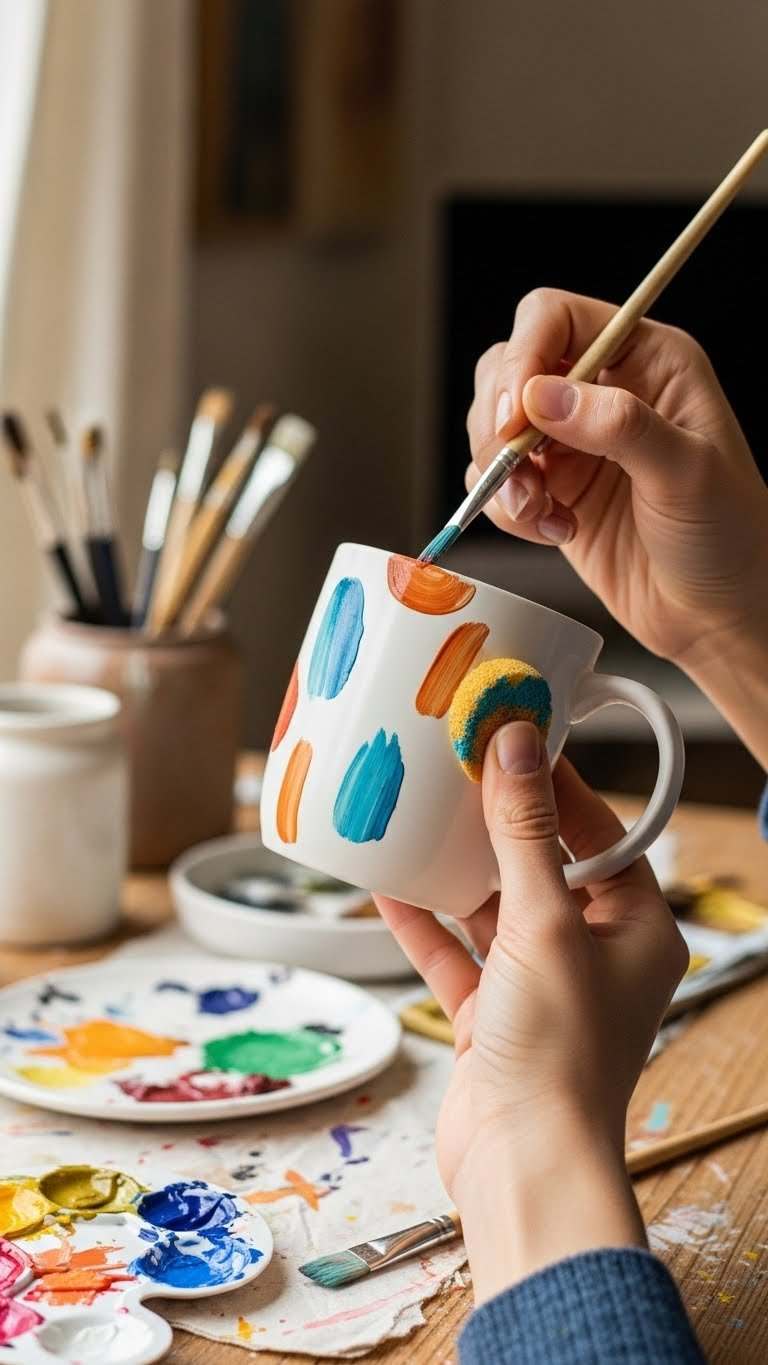 Hands applying colorful abstract patterns to white ceramic mug using brushes and tools on rustic wooden table