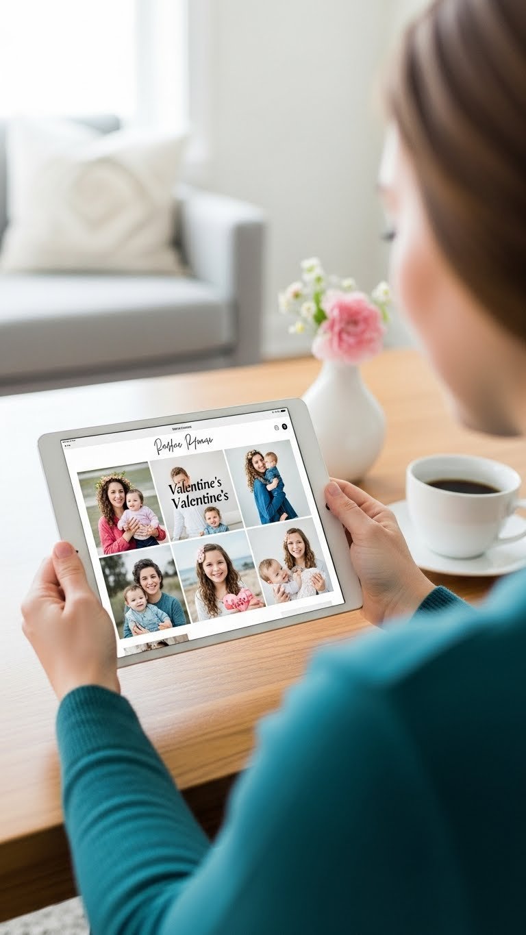 Happy client viewing Valentine's mini session photo gallery on sleek tablet with professional presentation