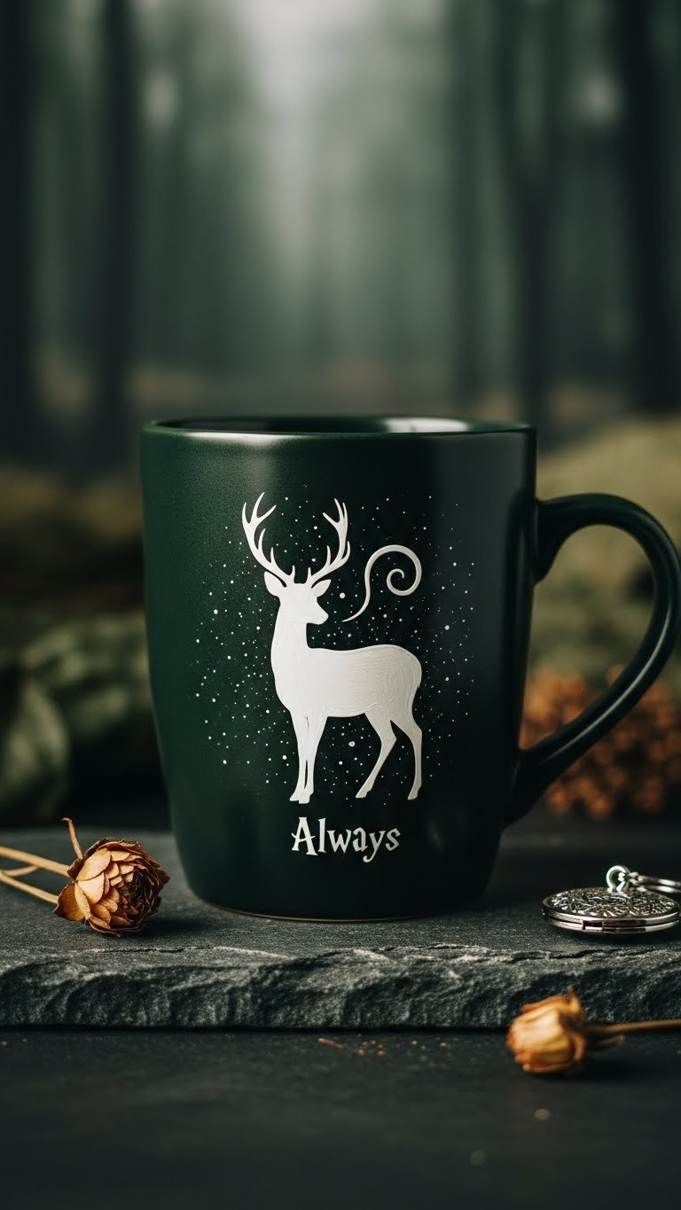 Harry Potter 'Always' doe silhouette mug with elegant white Snape's Patronus against dark green ceramic background