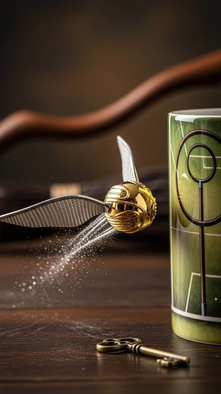 Harry Potter Golden Snitch mug with metallic gold snitch and silver wings appearing to fly across dark textured background