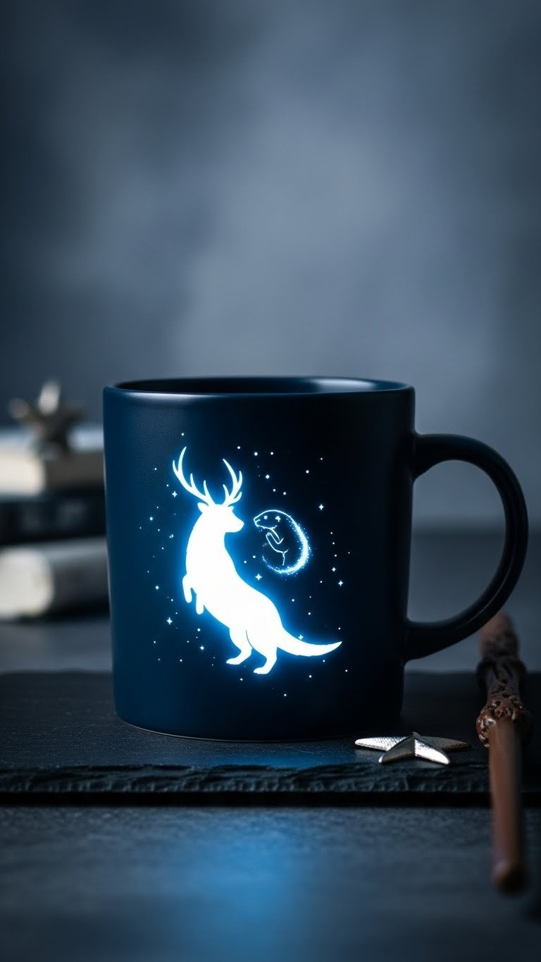 Harry Potter Patronus Charm mug with glowing stag silhouette against dark blue background, capturing magical ethereal energy