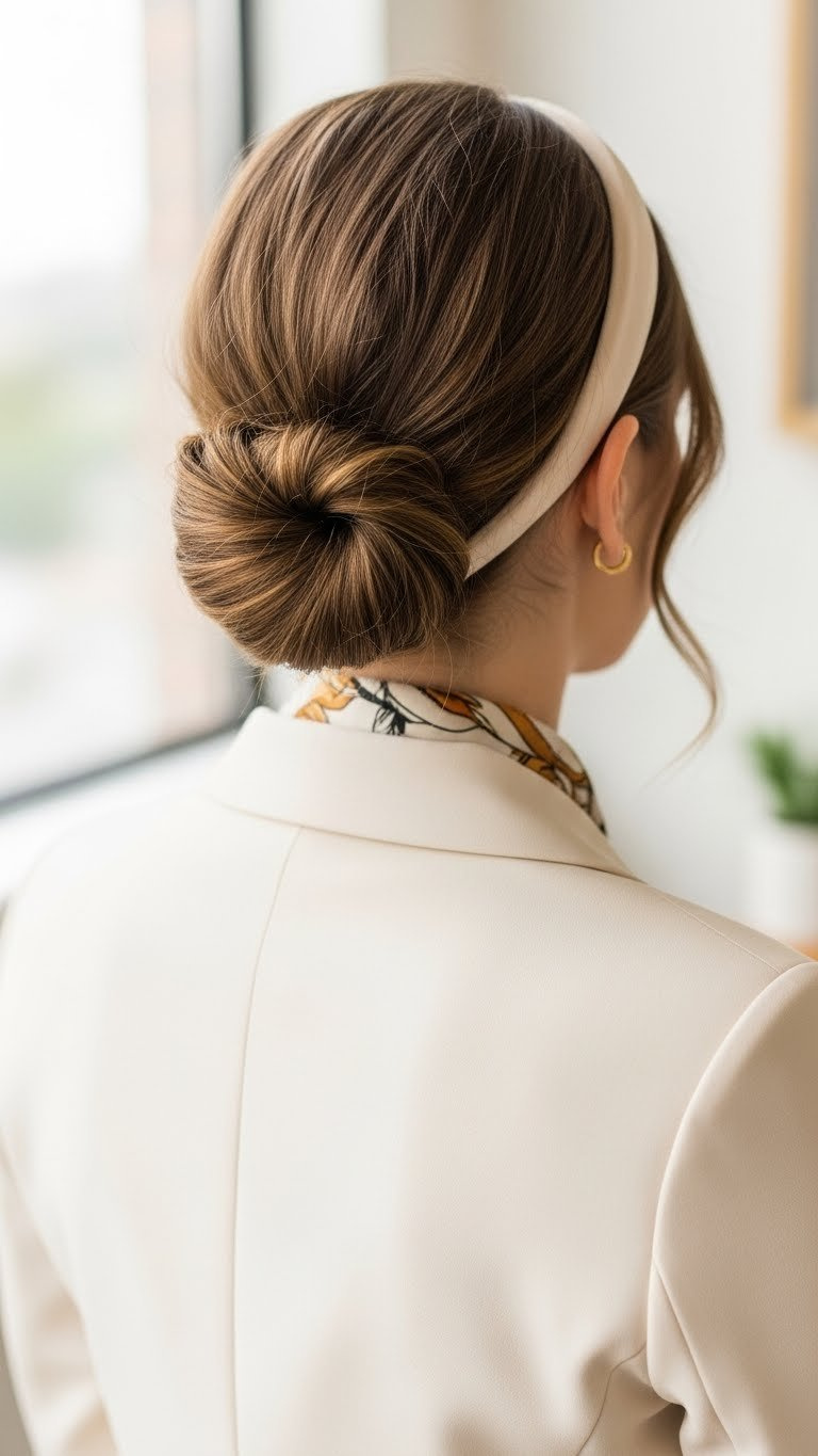 Headband tucked updo hairstyle with hair neatly tucked into elastic headband creating chic professional office updo.