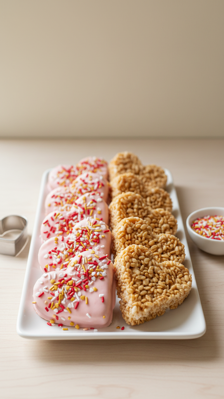 Heart-shaped Rice Krispie treats dipped in pink chocolate with festive sprinkles on white platter