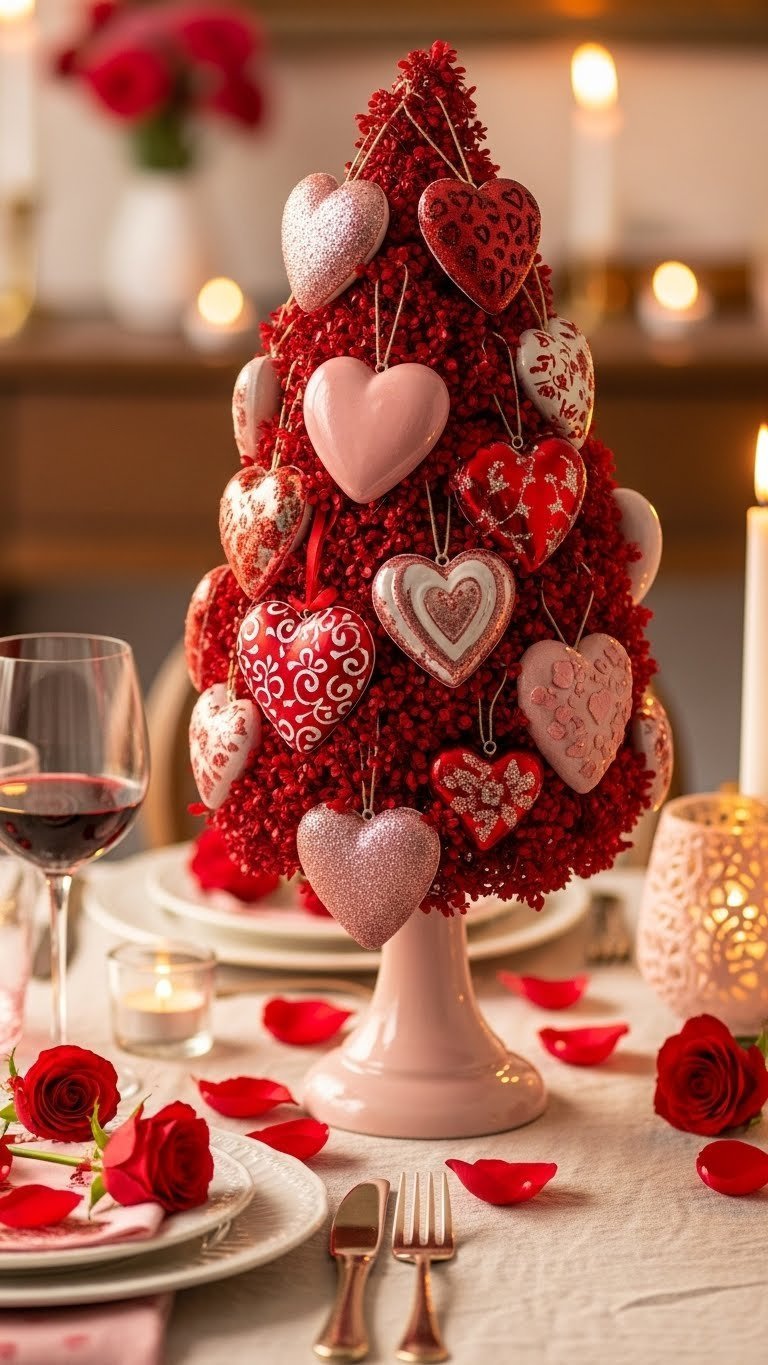 Heart-themed ornament Valentine's tree covered in diverse ceramic, glitter, and glass heart ornaments