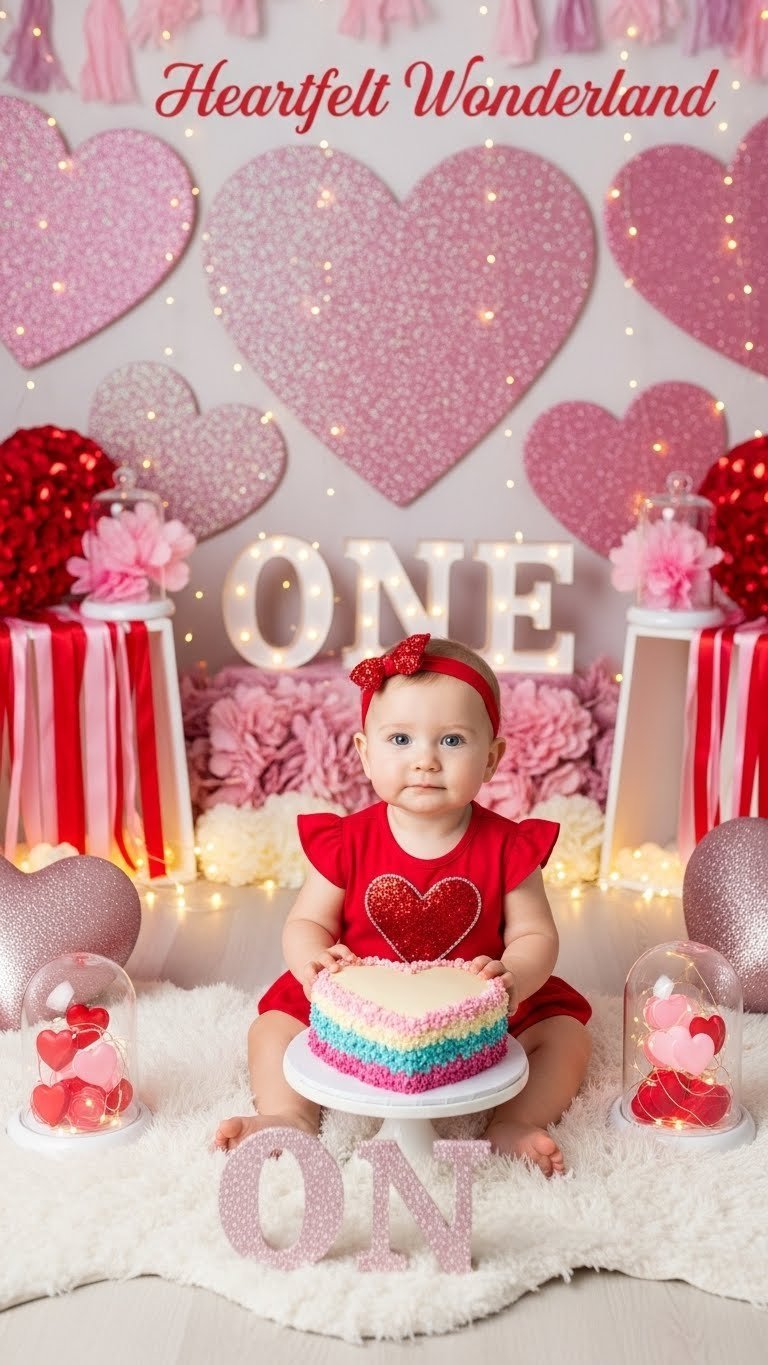 Heartfelt Wonderland magical party scene with baby girl surrounded by shimmering hearts and colorful heart cake