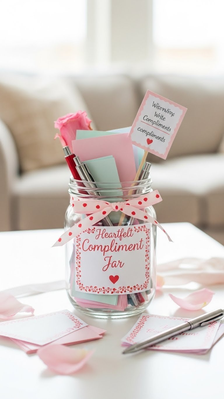 Heartfelt compliment jar activity with colorful paper slips and decorative glass jar on clean white tabletop