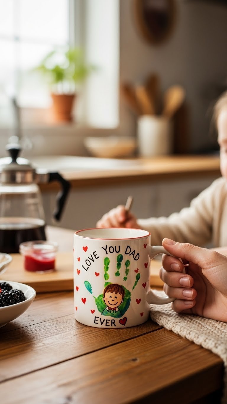 Heartwarming ceramic mug with child's colorful handprint held gently on rustic wooden table in cozy kitchen setting