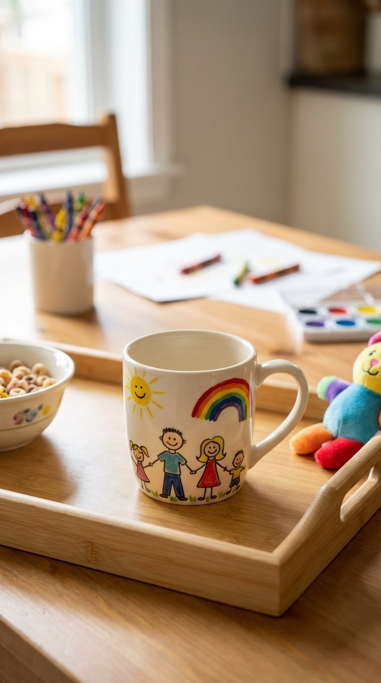Heartwarming ceramic mug with colorful child's drawing on wooden breakfast tray in kitchen