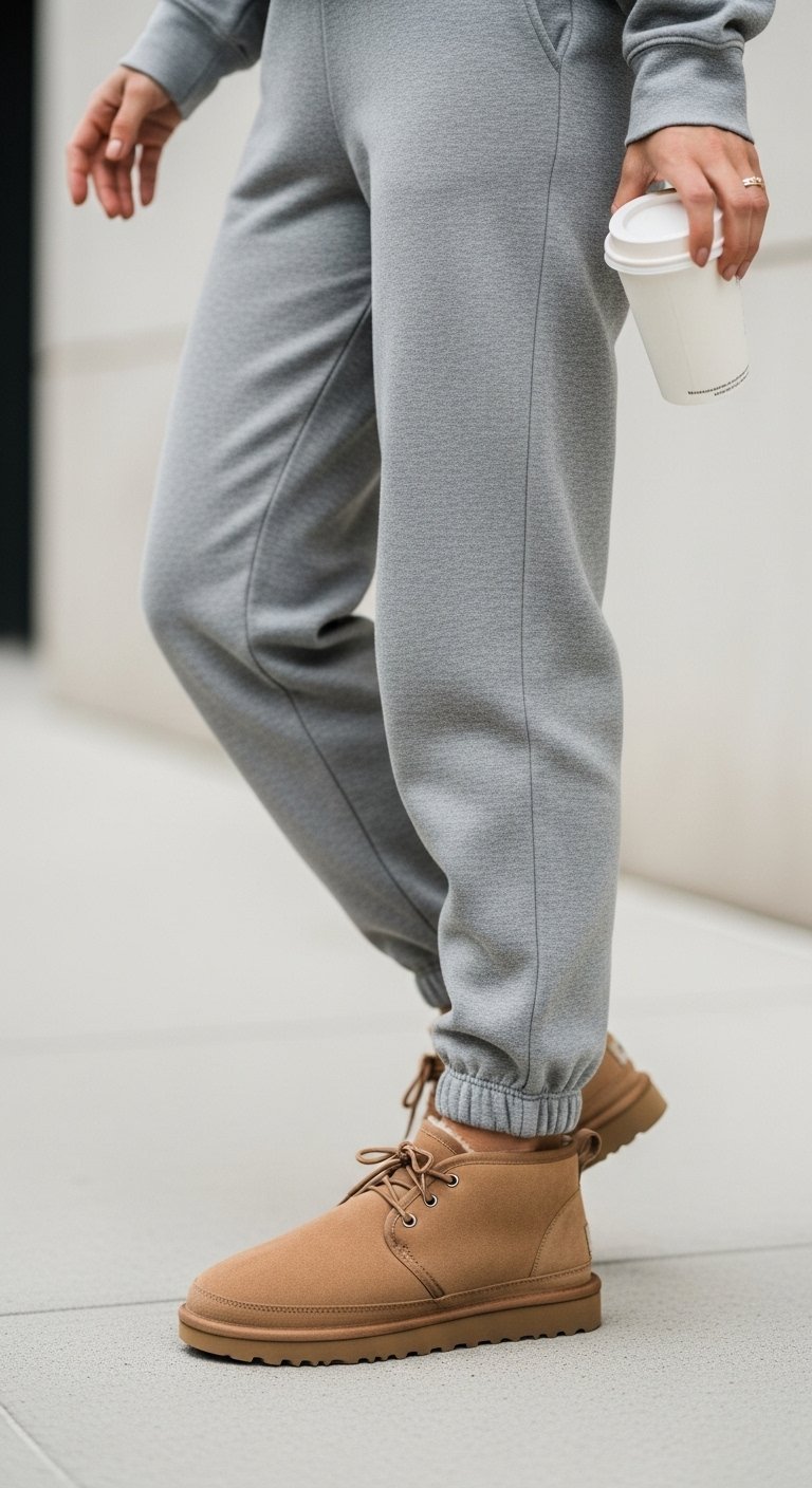 Heather grey joggers with elasticated cuff above sand Ugg Neumel boots holding coffee cup on concrete