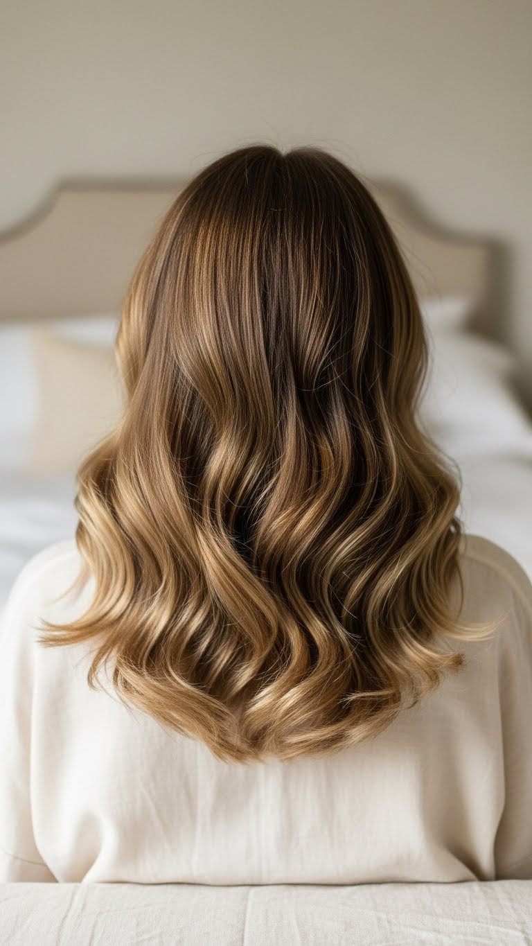 Heatless S-wave curls cascading through medium length hair with soft natural window light and serene atmosphere