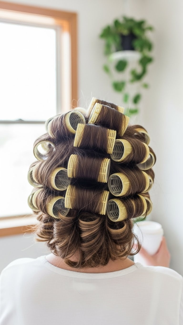Heatless curls from foam rollers on medium-length hair with bouncy definition and healthy natural movement.