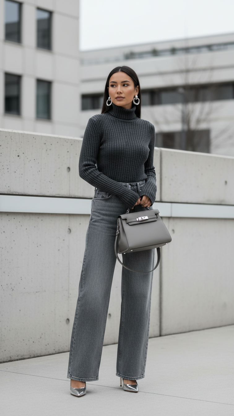 High-fashion monochromatic outfit with charcoal turtleneck and ash grey wide-leg jeans in urban setting