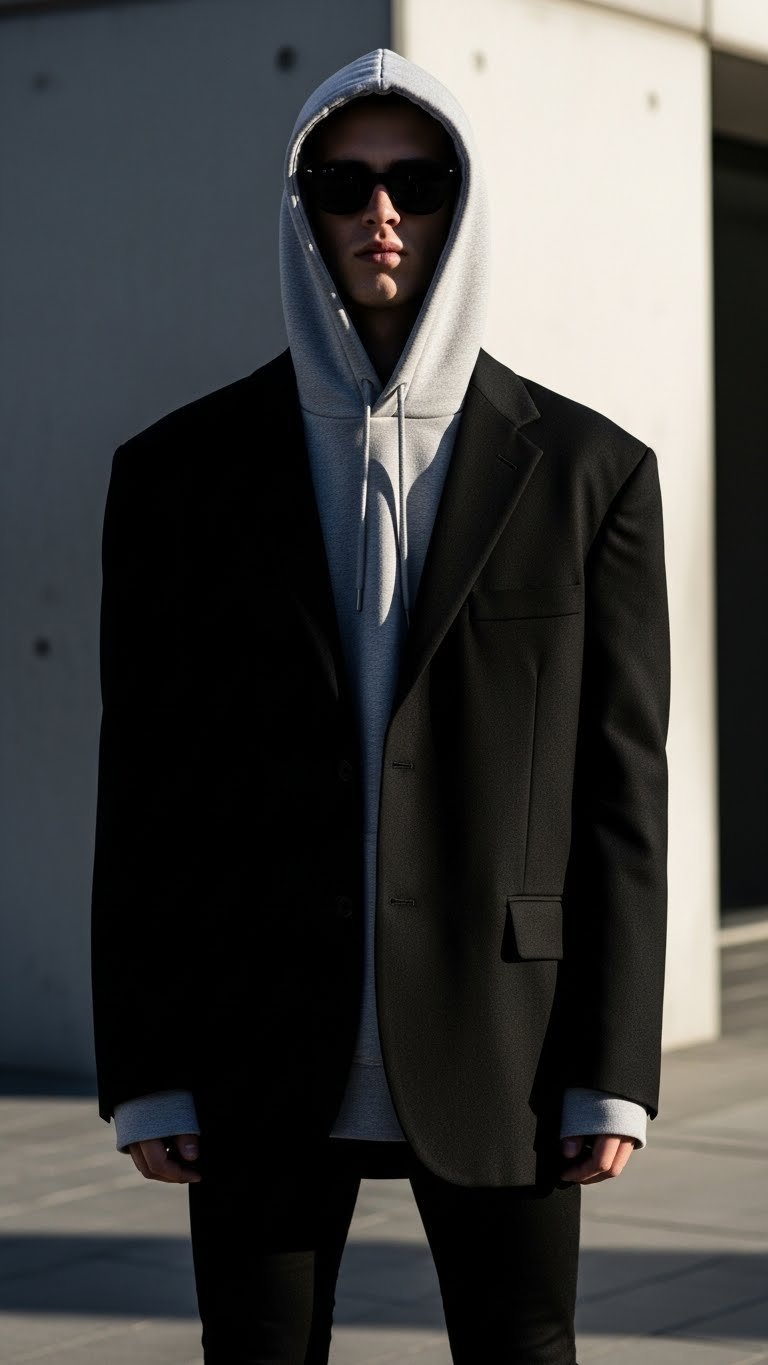 High-fashion street style with grey hoodie under oversized black blazer against urban background
