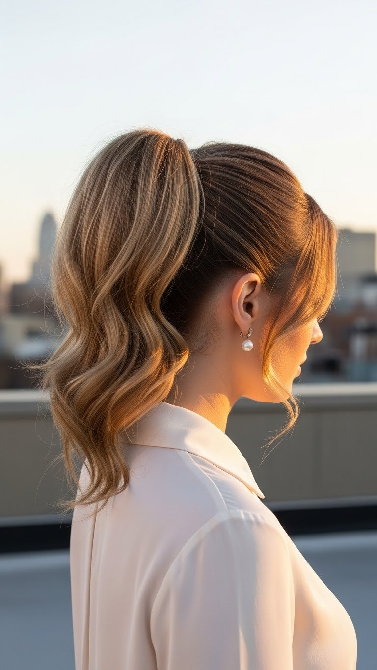 High ponytail hairstyle with face-framing tendrils on woman with round face against city skyline backdrop