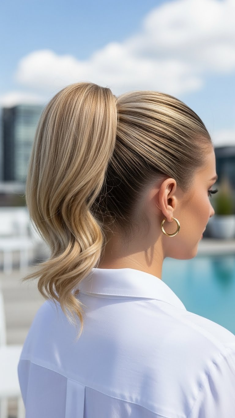 High ponytail updo hairstyle with voluminous bounce and sleek base against contemporary urban background.