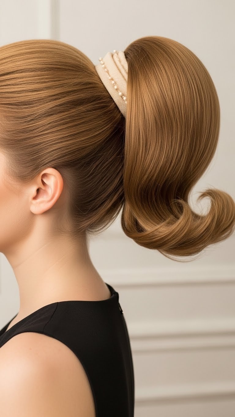 High sleek 60s ponytail with dramatic outward flip and voluminous bouncy end against clean minimalist neutral background.