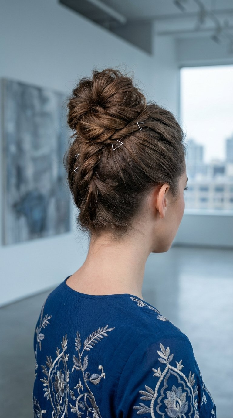 High textured bun with deliberate movement and modern volume for contemporary lehenga hairstyle