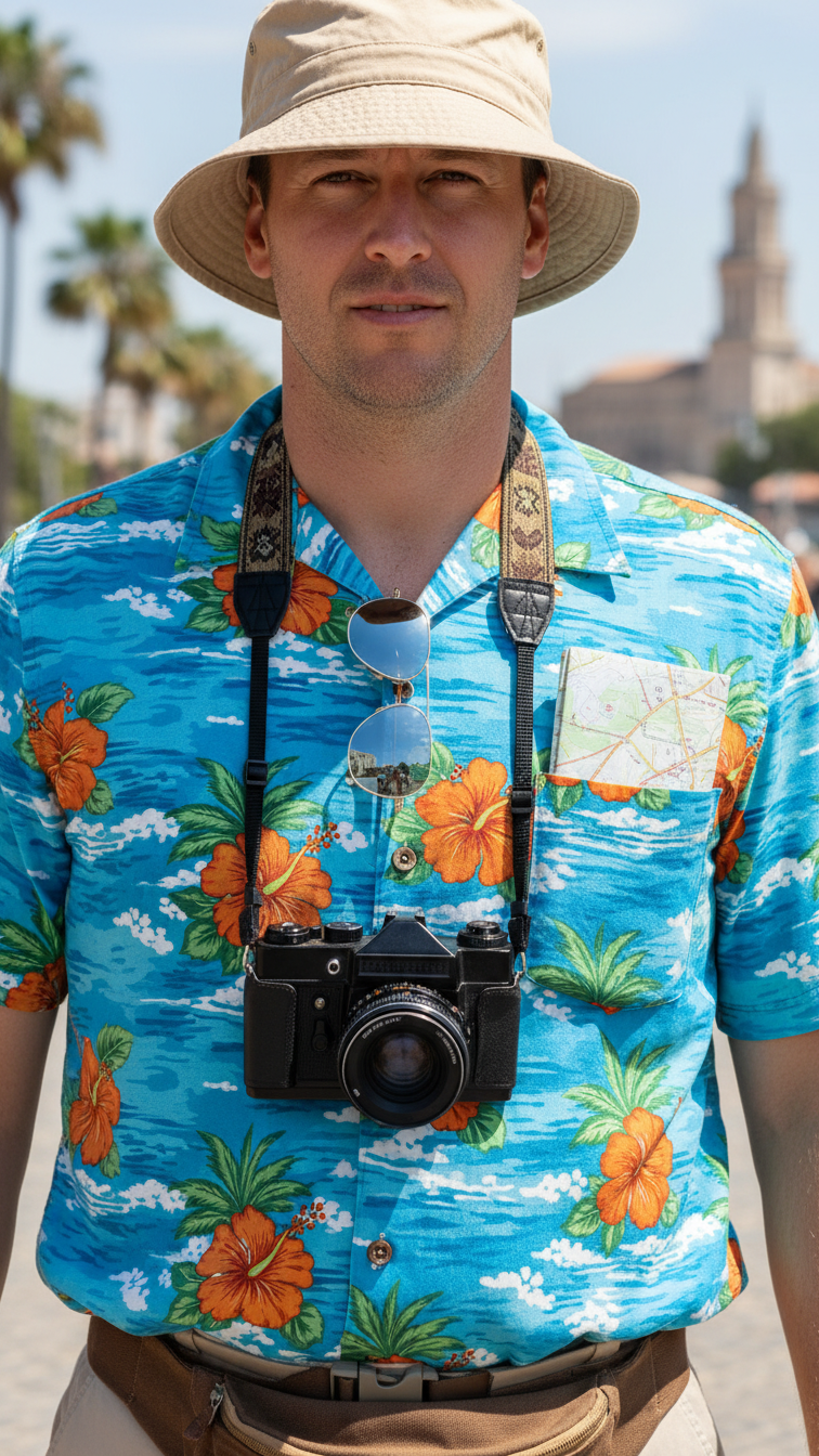 Humorous tourist costume featuring vibrant Hawaiian shirt, floppy hat, and camera with outdoor travel backdrop.