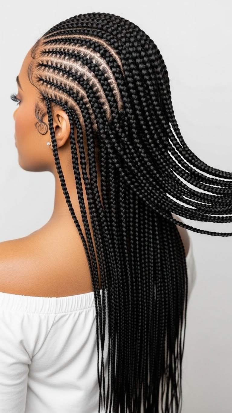 Iconic lemonade braids hairstyle side-swept with intricate cornrows leading to flowing braids on sleek dark brown hair.